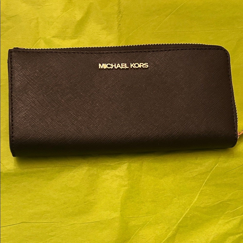Michael Kors Black Saffiano Zip-Around Wallet with Gold Logo